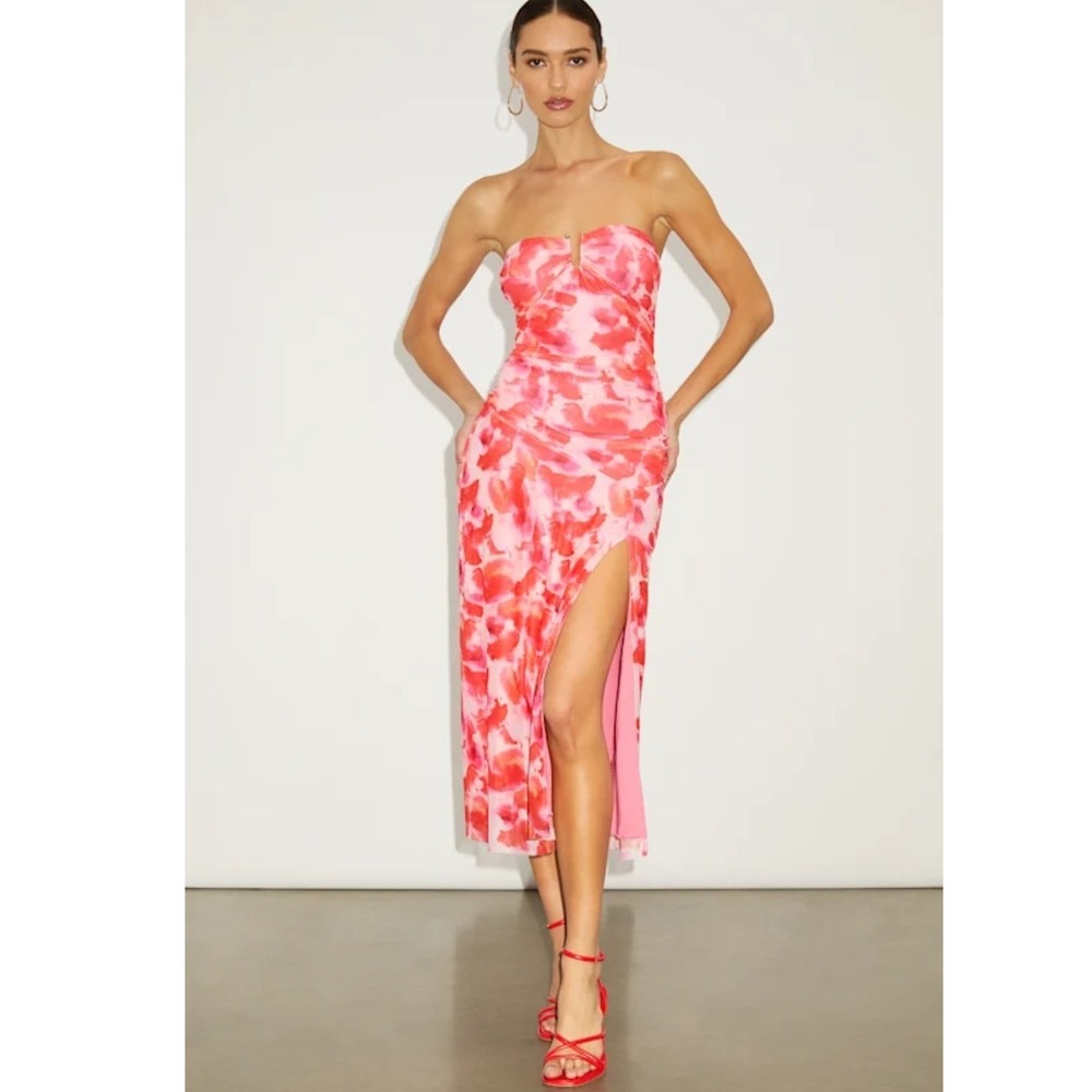 Lulus Chania Pink Multi Abstract Strapless High Slit Ruched Midi Dress NWT Large